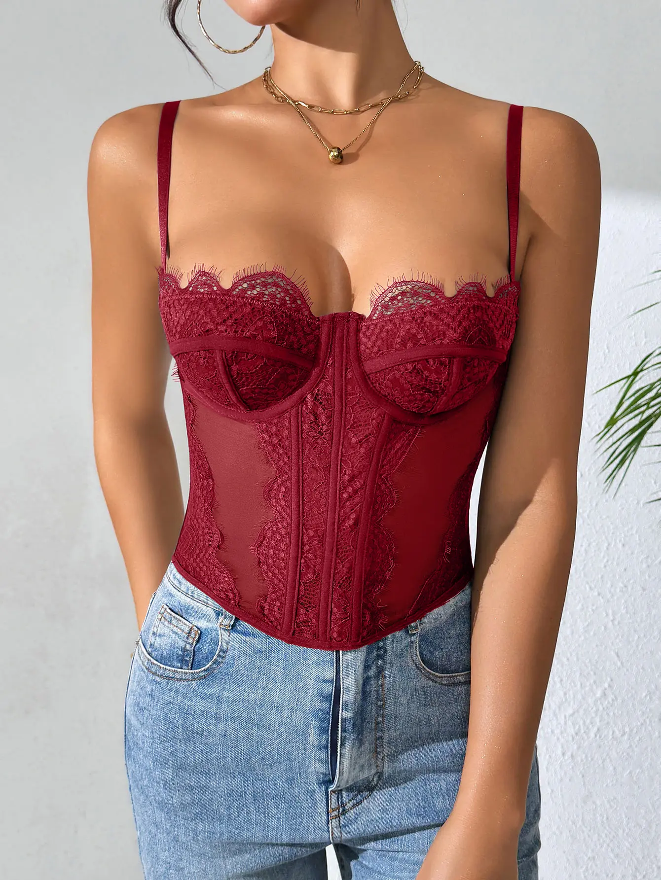 Burgundy Floral Lace Corset Tops Women Y2K Sweetheart Neck Tank Top Spaghetti Strap Underwire Boned Waist Trainers Night Out Going Out Elevated Dressy Club Party Summer Fall Cute Sexy Vintage Sleeveless Womenswear Skinny Soft