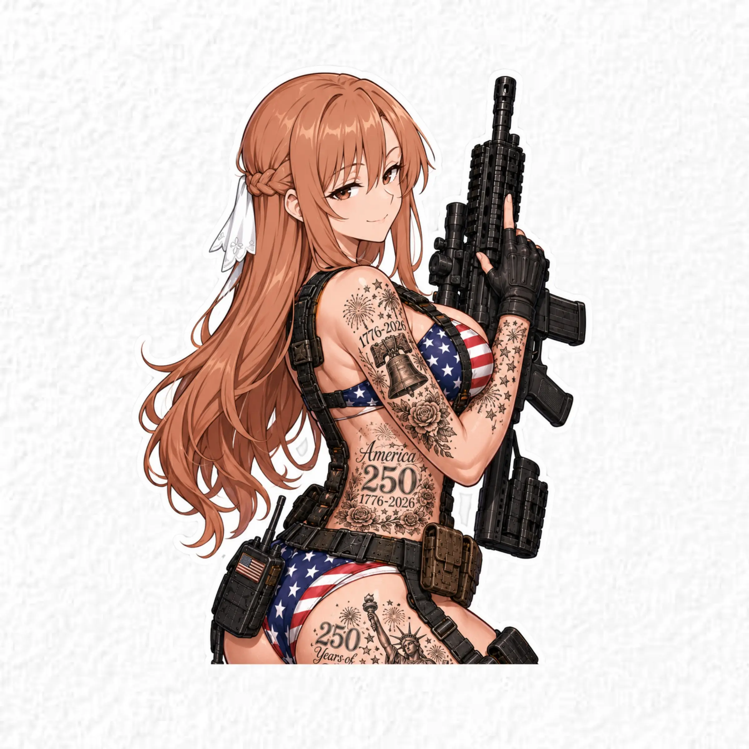 Asuna Patriotic Anime Girl Sticker, America 250 Tactical Vinyl Decal, USA Freedom Laptop Car Sticker