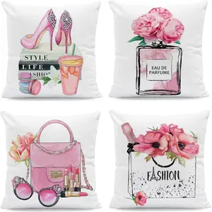 Set of 4 Throw Pillow Covers 18x18 Fashion Cute Decorative Pillow Covers Bed Sofa Couch Pillow Covers Pink Flower Gold Perfume Lipstick Paris Pink Soft Velvet Pillowcases (Pink)