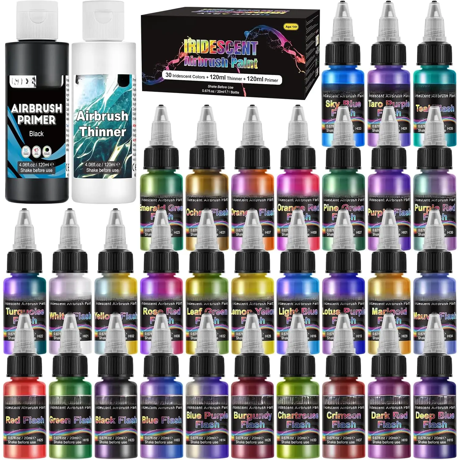 Iridescent   - 30 Colors with 4.05 fl oz Thinner and 4.05 fl oz Primer, Ready to Spray   Paints, Water-Based Iridescent Air Brush Colors for Plastic Model, Canvas