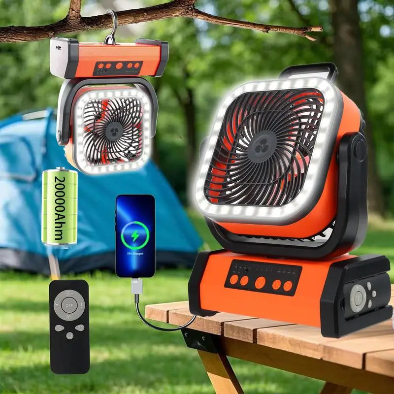 20000mAh Rechargeable Camping Fan with LED Light,Portable Multi-functional Fan with 360° Rotating HookOscillating Emergency Camping Cordless Rotatable