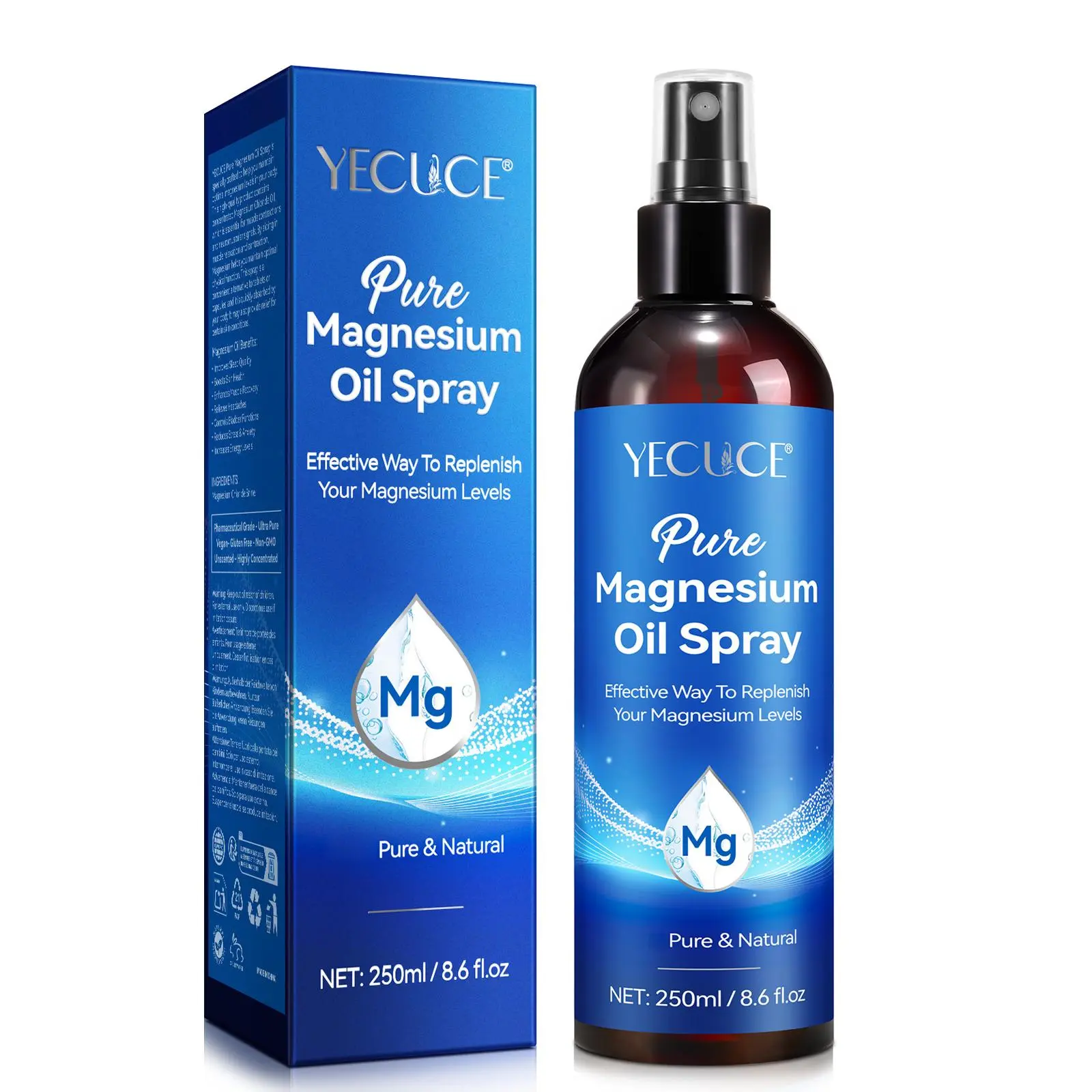Yecuce Pure Magnesium Oil Spray 250ML, Body Oil Mist, Soothing Body Oil, Concentrated Chloride Solution, Improves Sleep Quality & Skin Health, Suitable All Skin Types, Body Care