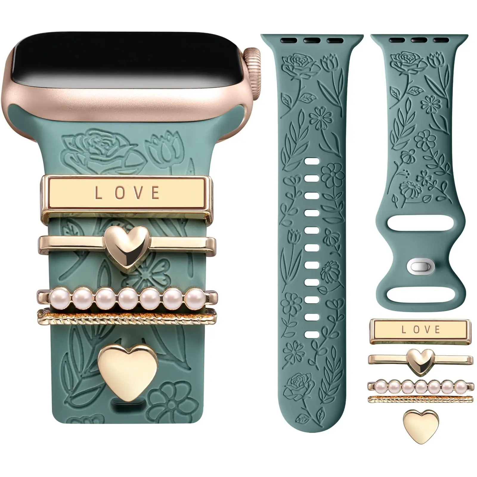 BROULIT Floral Engraved Silicone Band for Apple Watch – Soft Adjustable Strap with Decorative Charms, Stylish Women’s Watch Band Compatible with iWatch Series 11–1 & SE (38mm–42mm)