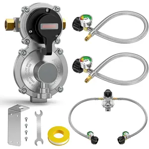 2-Stage Auto Changeover Rv  Regulator 2 Tank 18" Inch LP Pigtail  Hose with Gauge, QCC1 Dual  Tank Hose with Regulator , 3/8" NPT Female Outer, for rv Trailer