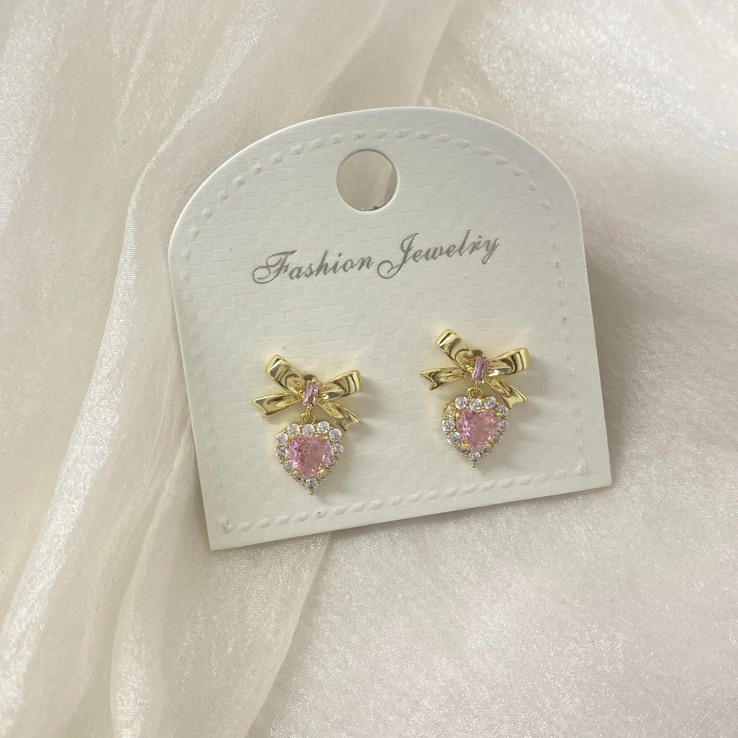 Coquette Pink Heart Zircon Drop Earrings Silver Bow Dangle Earrings Cute Romantic Aesthetic Jewelry For Women