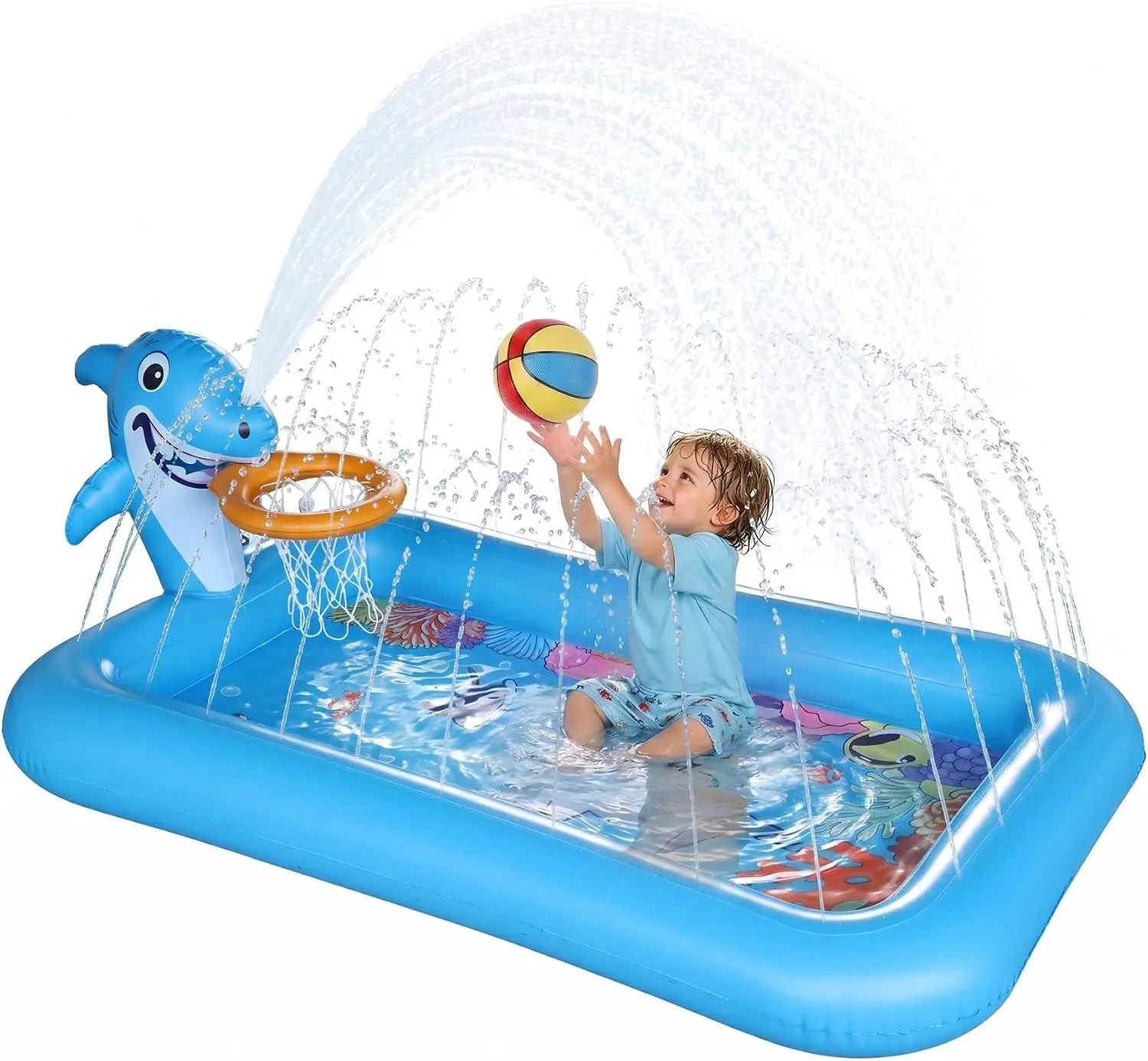 PVC Plastic Unisex Kids Splash Pad with Basketball Hoop - Inflatable Kiddie Pool, Sprinkler Play Mat, Outdoor Backyard Garden Water Toy for Babies Toddlers