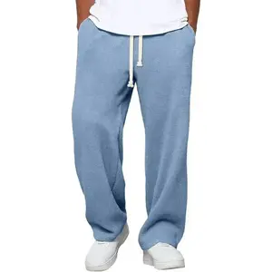 Men's loose-fitting sweatpants, waffle knit texture, loose cotton fabric, suitable for fitness and hiking, drawstring design.