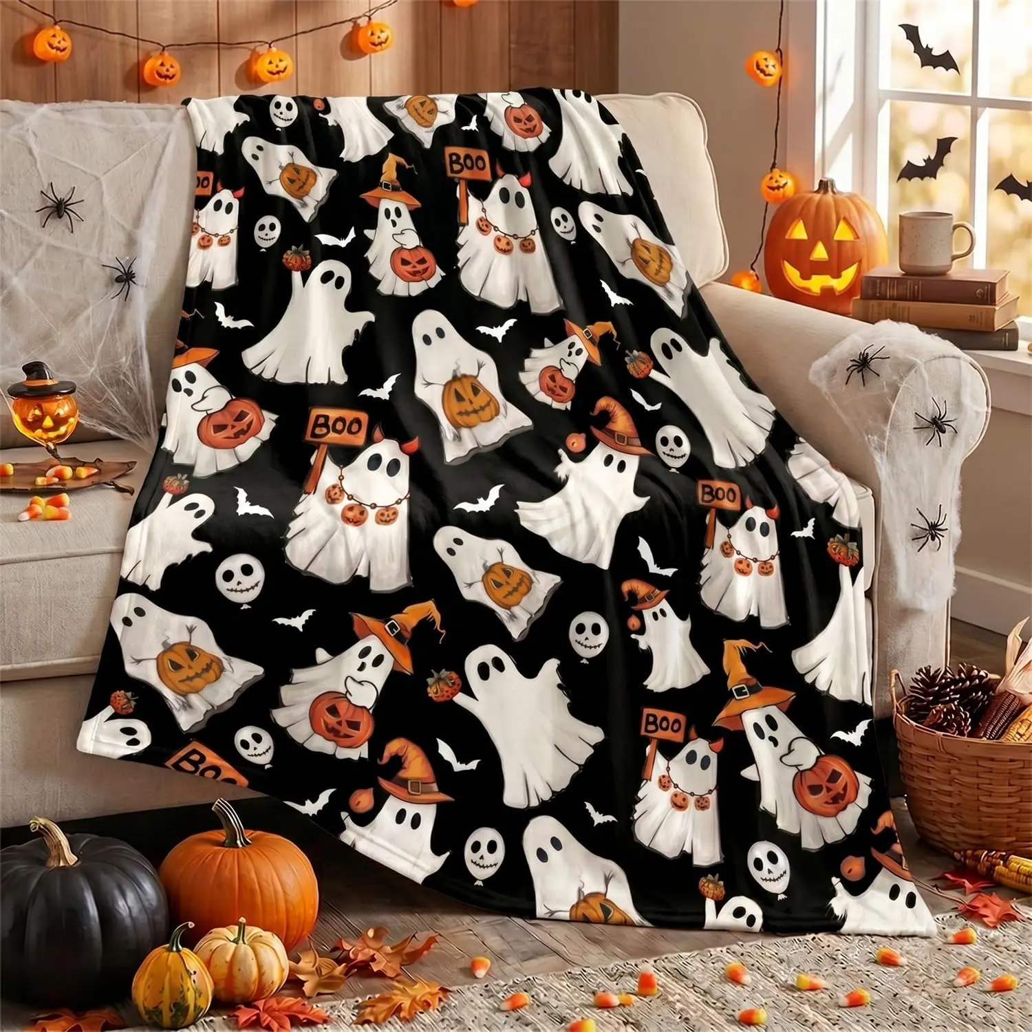 Halloween Ghosts and Pumpkins Blanket - Cozy Soft Throw for Festive Season - Perfect for Home Decor and Gift Ideas