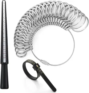 Ring Sizer Measuring Tool Kit, Plastic Ring Mandrel,  Finger Size Tape 1-17  Rings Size, 27 count Stainless Steel Measuring Ring Tool,  Ring Size 0-13 with Half SizeQuesear