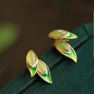 Flash & Finesse  Elegant Bamboo Leaf Jade Earrings - Retro S925 Silver for Everyday & Gifting
