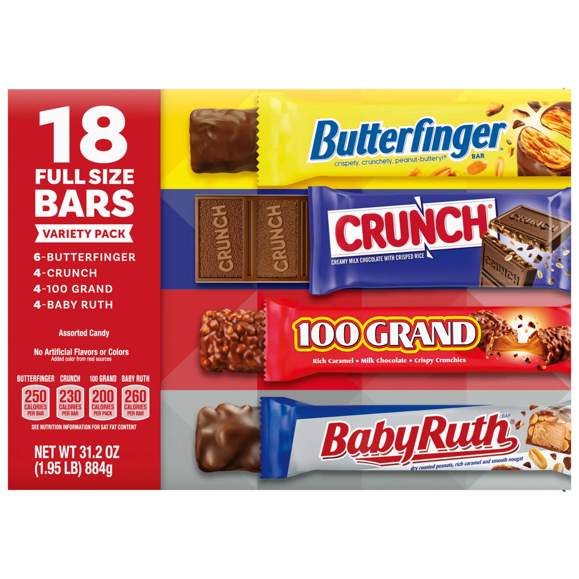 Assorted Butterfinger, Crunch, Baby Ruth, and 100 Grand Full Size Chocolates, 18 count, 31.2 oz