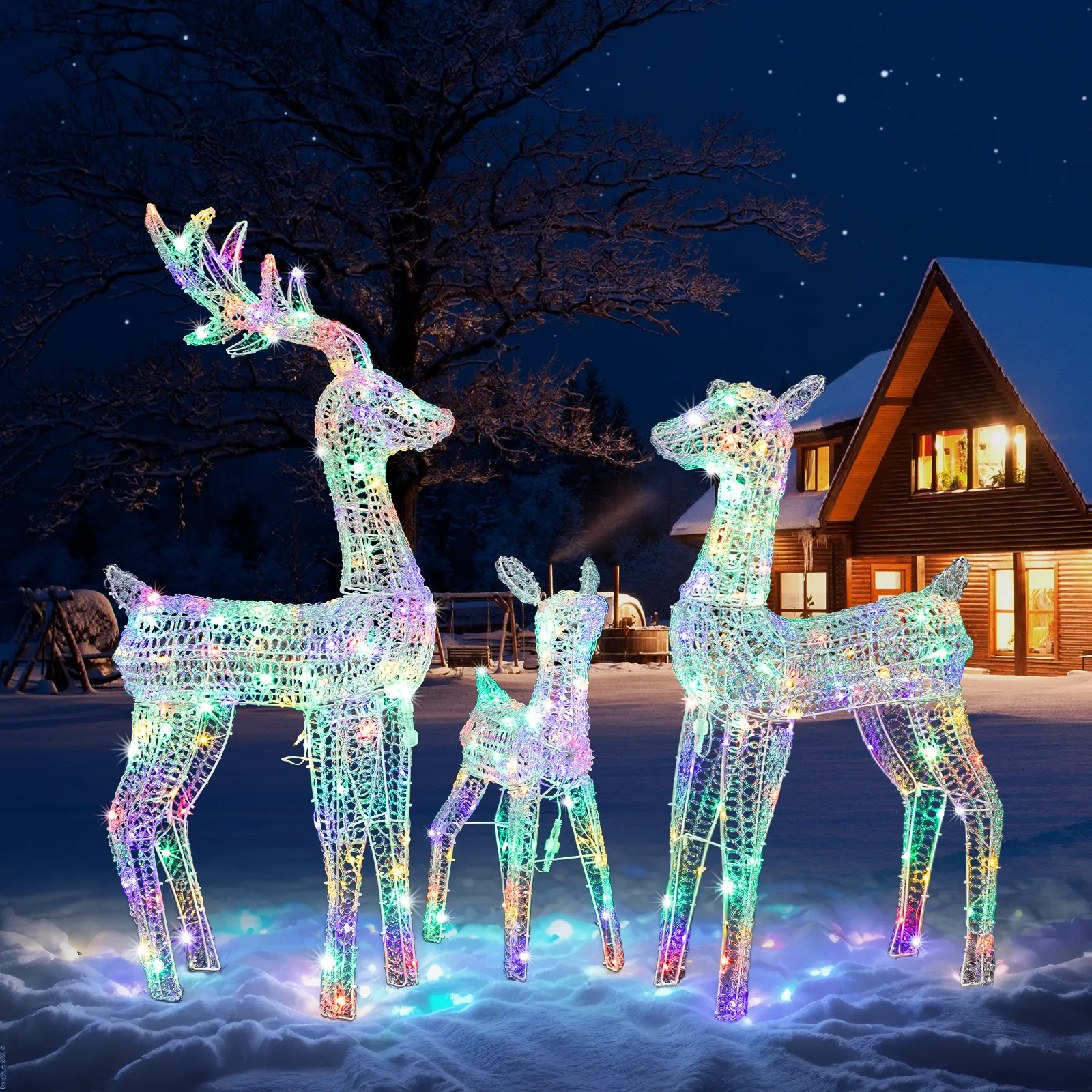 3-Piece Lighted Christmas Reindeer Family Set Outdoor Decorations, Weather Proof Deer Family Set of 3, with 270 LED Multi-color Lights and 6 Lighting Modes, Remote Control