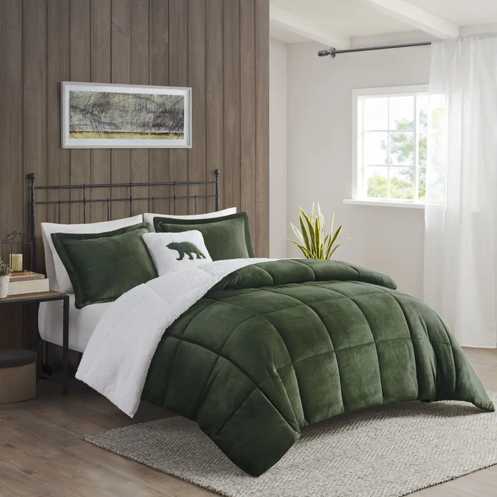 Alton Plush Sherpa Down Alternative Comforter Set - 360 Stand King Size Comfy Bedding Set, 102x86x1.5 in Green & Ivory, Hypoallergenic Low Pile, King Bed Setup, Rustic & Soft Bedding Collections