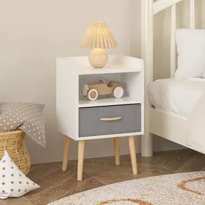 Cute Nightstand With Collapsible Fabric Drawer, 2-Tier Storage End Table, Wood Side Table with Storage Cabinet