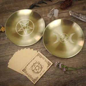 Pentagram & Triple Moon Patterned Stainless Steel Disc Candle Holder + Small Parchment Paper Set | For Ramadan, Holidays, Rituals - Crystal/Rune Display & Ritual Writing, Home Decor