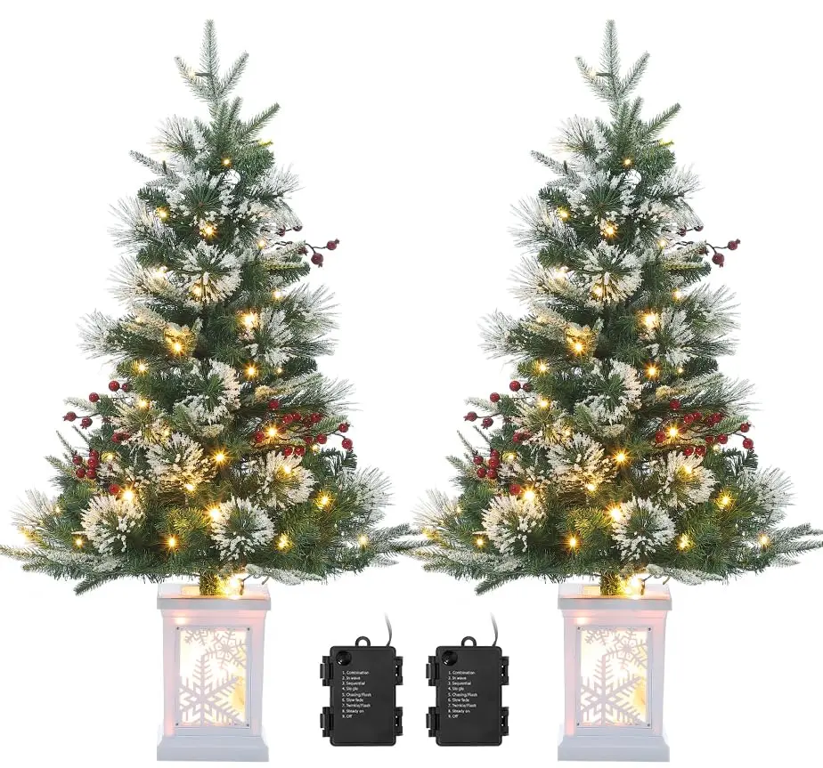 GAOMON 2PCS 3FT Snowflake Light Box Imitation fiber,3ft Pre-Lit Christmas Tree, Artificial Xmas Trees with 78 Warm White LED Lights, 8 Lighting Modes, Timer & Lightbox Base, Snow Flocked Xmas Trees for Home, Office, Tabletop Decor, Set of 2