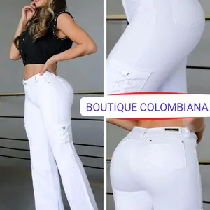 BOUTIQUE COLOMBIANA Bon Bon Up Jean Bota Campana Super Stretch Classic One Button Pretina White Jeans