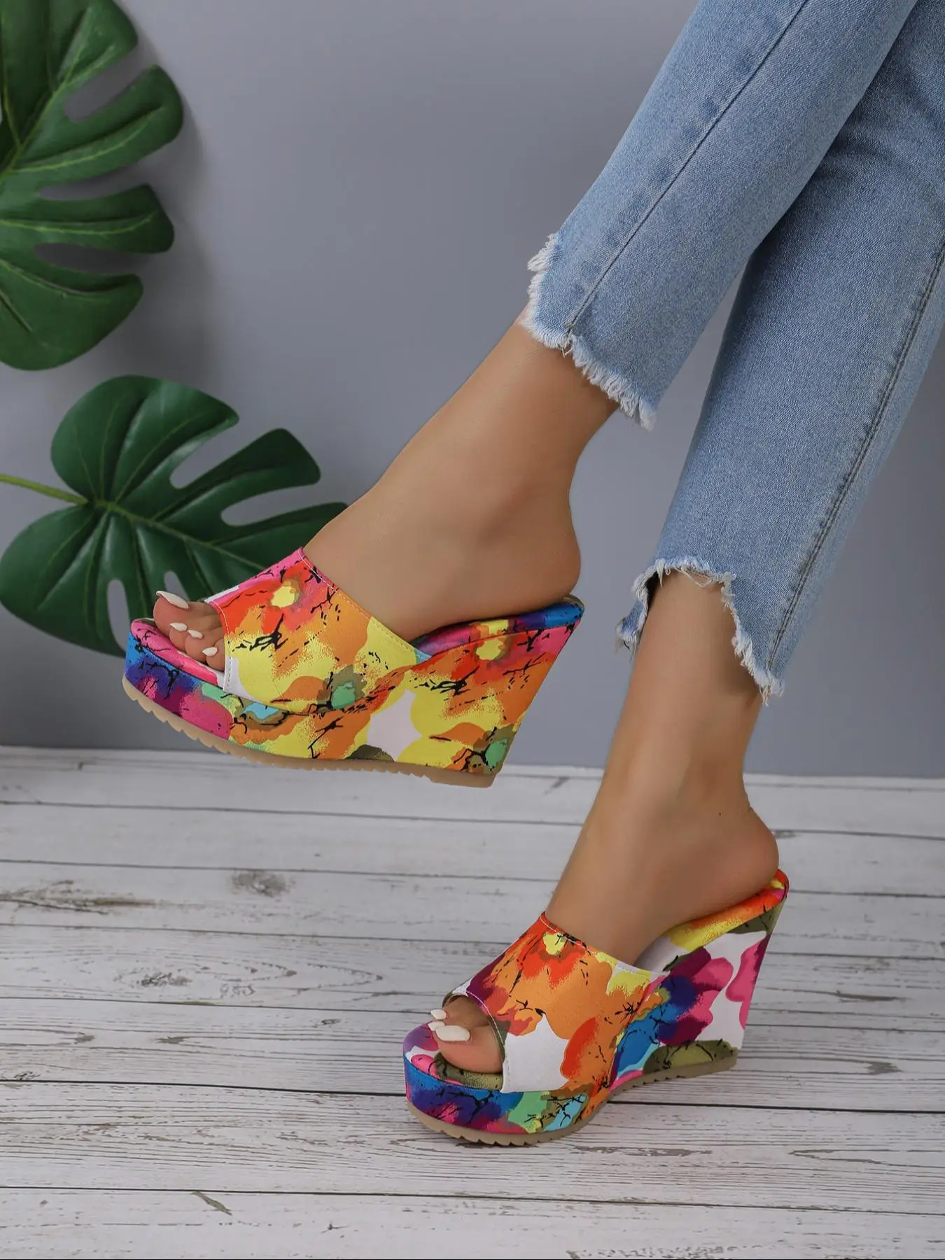 Summer Stylish Floral Print Slip-on Wedge Sandals for Women, Toe Sandals for Women, Comfy Boho Style Fashionable Wedge Sandals, Casual Comfortable Pla