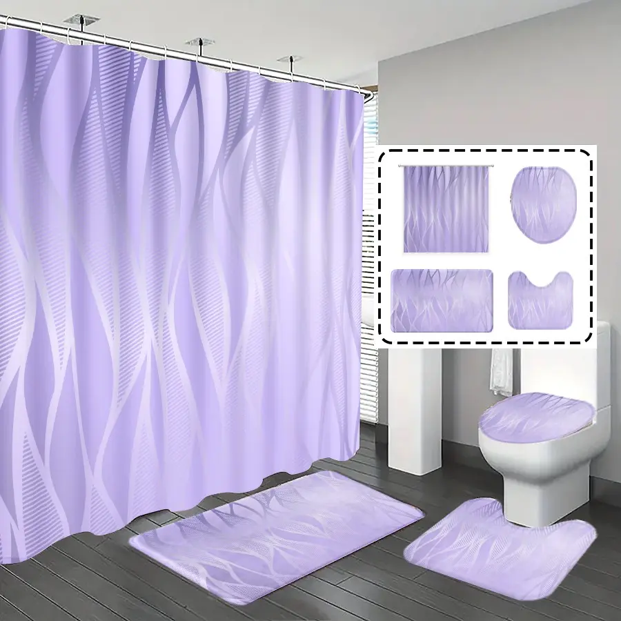 [Popular Choice]1pc/4pcs, bathroom curtains shower, bathroom set, shower curtains, bathroom rug, home decoration, bathroom mat, purple stripe pattern, simple and luxurious theme decoration, bathroom set, with 12 hooks, Shower Curtain Sets