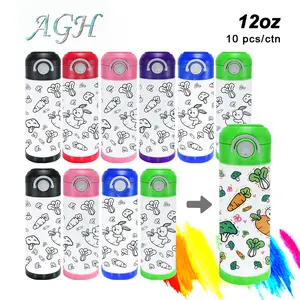 AGH 10pcs 12 oz ‘Drawing Painting’ Kids Water Bottle Matte Surface Stainless Steel Tumbler with Handle Flasks & Acrylic Maker for Kids Birthday Halloween Gift