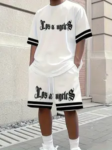 Men's Casual Two-Piece Set, Round Neck Short Sleeve Top & Knee-Length Shorts, Perfect for Summer Wear, Fitted Design