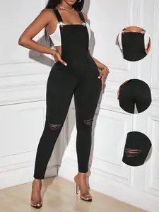 Women's Street Vintage Ripped High Elastic Denim Jumpsuit Bib Pants, Elegant Style, Perfect for Casual