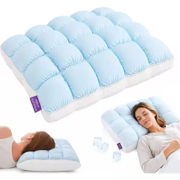 Cold Marshmallow Cooling Pillow for Adults, Cool-Touch Fluffy Breathable Pillow with Quilted Grid Design, Machine Washable for Side and Back Sleepers