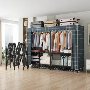 Gray Large Portable Armoire Wardrobe Closet with Foldable Clothing Wardrobe 25MM Steel Pipe Metal Frame Clothes Rack,One Piece Folding Design，for Bedrooms, Apartments, Rental Properties