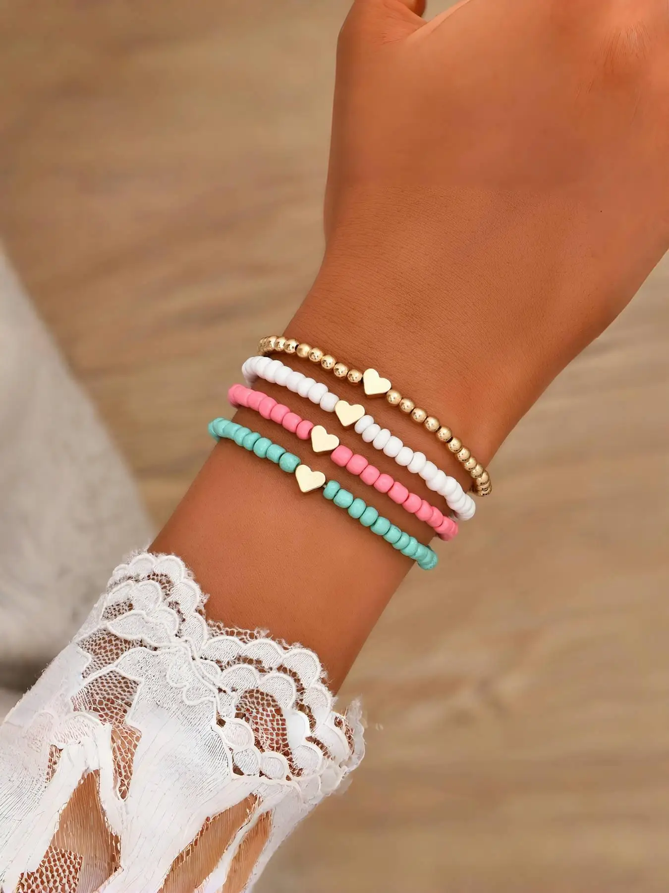 Heart Charm Beaded Bracelet for Women & Girls (4pcs), Bohemia Style Beaded Bracelet, Fashion Accessories for Party, Daily Clothing Decor, Trendy All-m