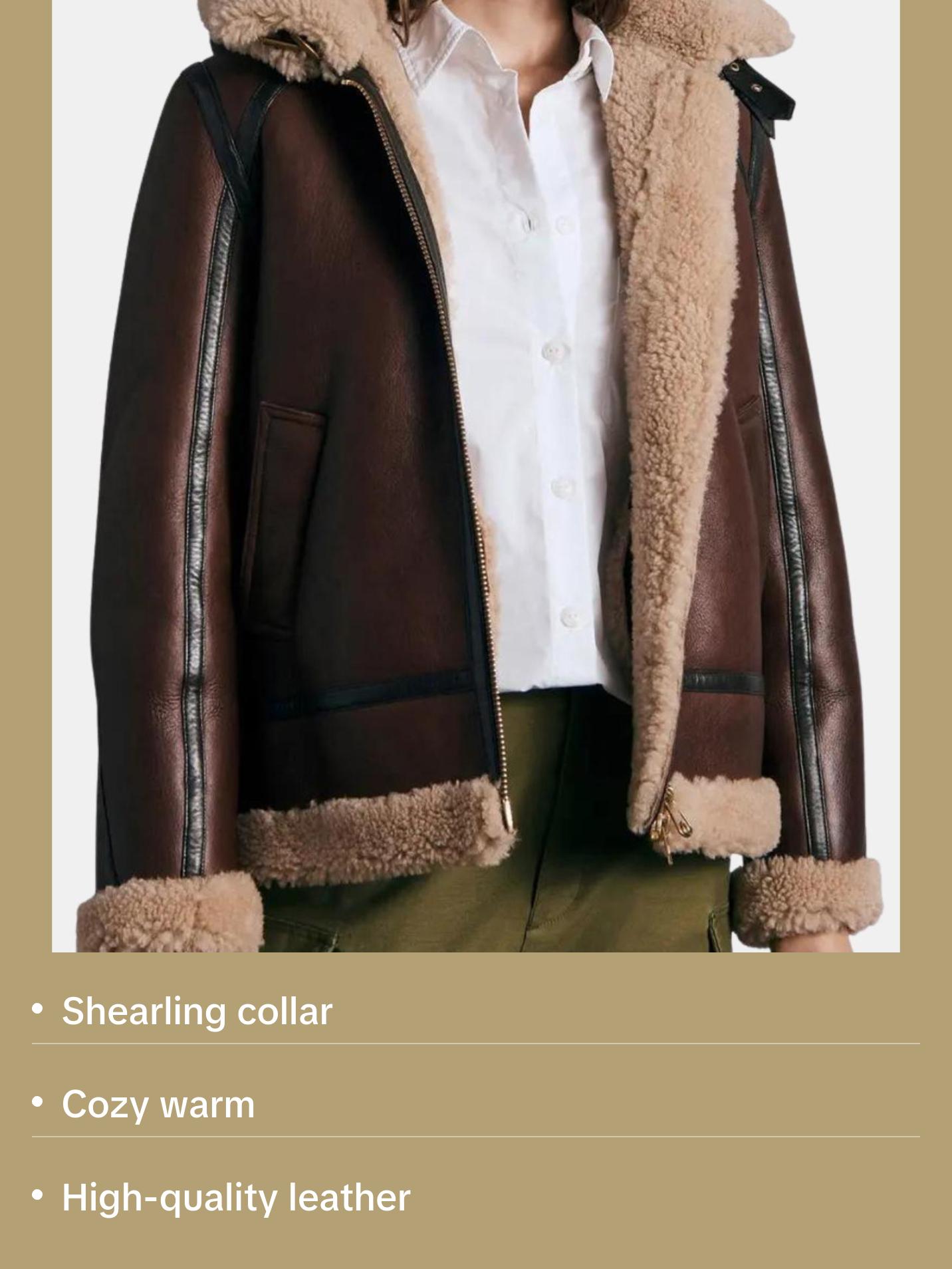 Clover Women's Hooded Tan Brown Shearling Leather Aviator Jacket