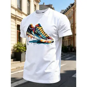 【FathersDayGift】Fashionable And  Street Style Men's T-Shirt, Equipped With Colorful  Shoes, Designed With Paint Drip Art Effect,  Street Clothing For Daily Commuting, Washable
