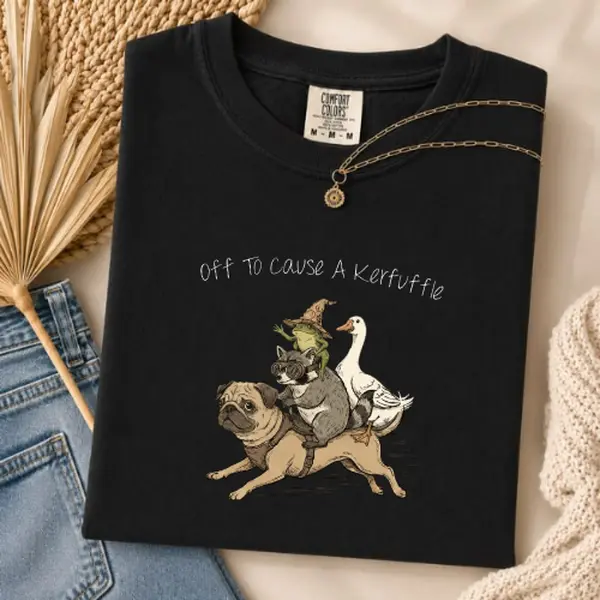 Off to Cause a Kerfuffle Shirt Comfort Colors, Funny Goose Frog Pug Graphic Tee, Whimsical Animal Shirt, Cottagecore T-Shirt, Cute Meme Shirt, Fantasy Frog Riding Goose Tee, Unisex Gift, Funny Animal Lover Shirt Cotton Top