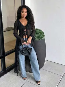 Women's Mesh Halter Long Fitted Jacket with Ruffle Bow, Bohemian Fairy Style, Casual Vacation Beach, Picnic Music Festival Clothing, Womenswear, Elegance