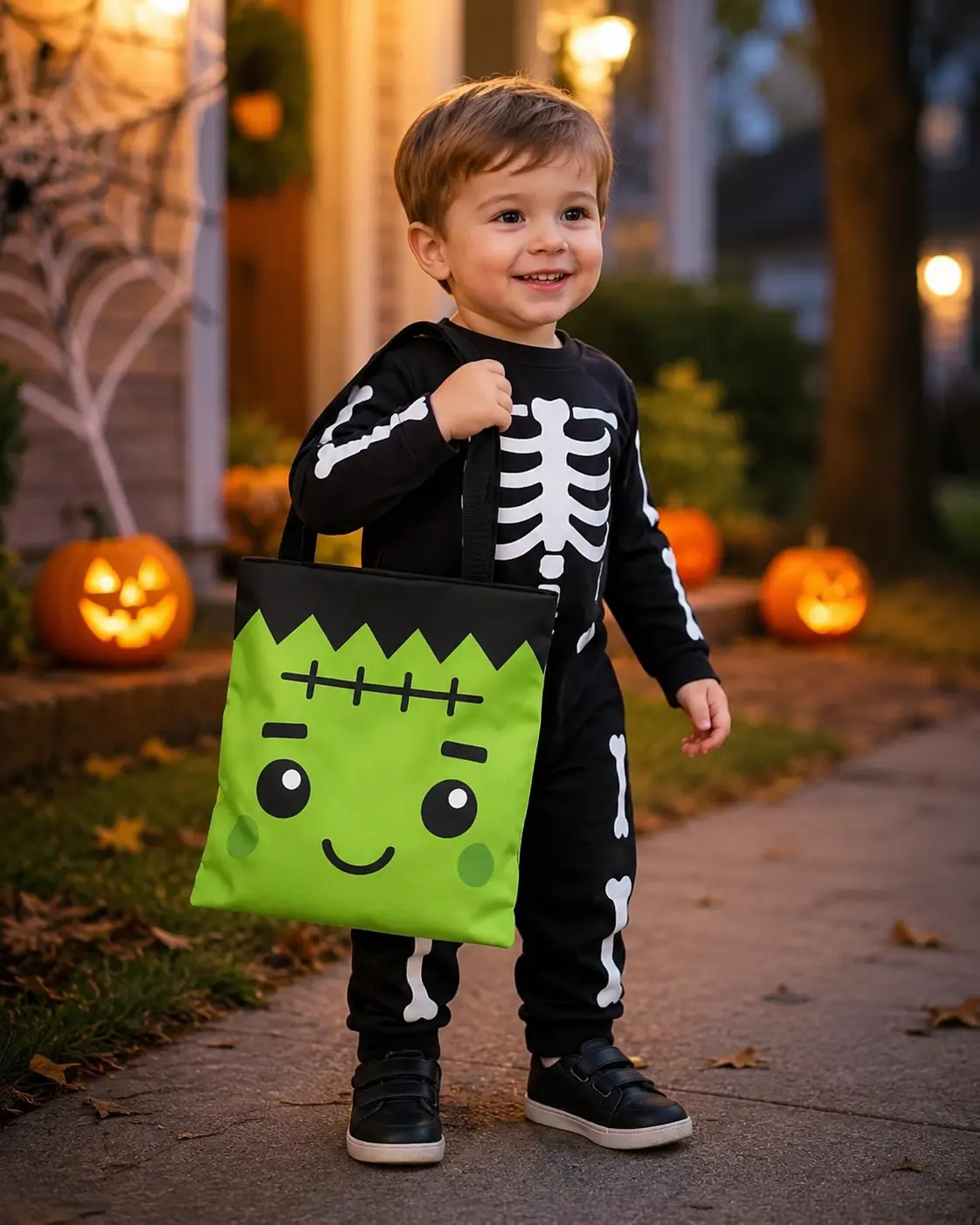 Cute Frankenstein Face Halloween Trick Or Treat Bag | 2026 Halloween Green Monster Candy Tote Bag Frankenstein Halloween Bag 13x13