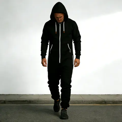 Men's Polyester Fleece Soft Long Sleeve Sweater Hooded Jumpsuit - Casual, Smooth, Loose Fit 1-Piece Outdoor Overalls for Warm Menswear