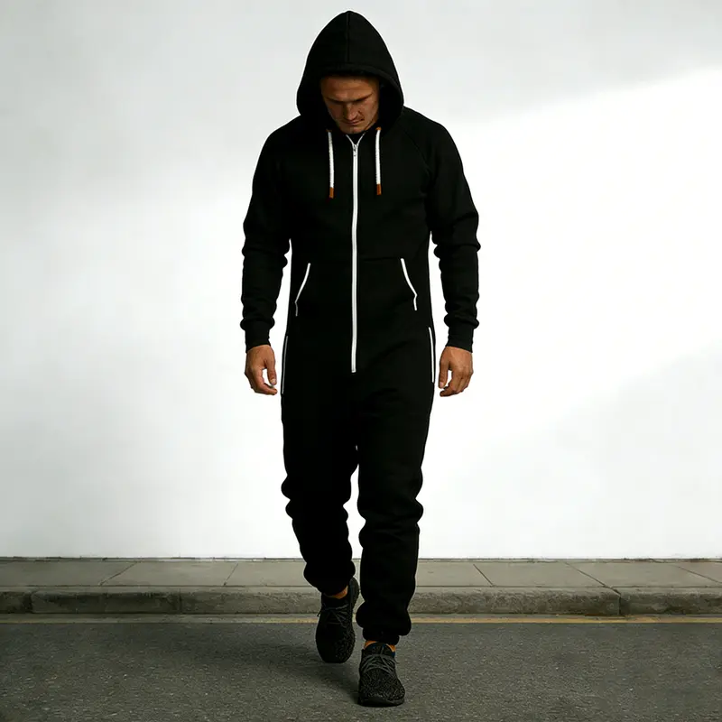 Men's Polyester Fleece Soft Long Sleeve Sweater Hooded Jumpsuit - Casual, Smooth, Loose Fit 1-Piece Outdoor Overalls for Warm Menswear
