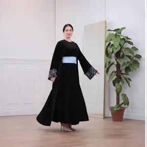 Open Bisht Abaya, Soft Velvet Fabric, Hand Embroidery, Modest Luxury Dress, Elegant Design-Elegant velvet bisht open abaya made from soft premium velvet fabric. This luxury modest design features a loose elegant fit, perfect for Ramadan, Eid, and special