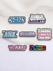 7-Piece Humorous Mental Health Enamel Pins Creative Text Design ALWAYS TIRED CURRENTLY OVERTHINKING The future is Inclusive Brooches Backpack Lapel Badge Jewelry Gift ready Gift for Friends