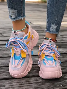 Women's Colorblock & Letter Print Lace Up Mesh Walking Shoes, Sporty Comfortable Shoes for Daily Wear, Non-slip Wear-resistant Thick Sole Shoes