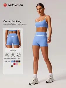 Sodalemon Two-Piece Set Women's Solid Crop Sports Bra & High Waist Skinny Shorts Tracksuit Set, Breathable Comfortable Sports Outfits for Yoga Gym Workout Running, Ladies Sportswear for All Seasons