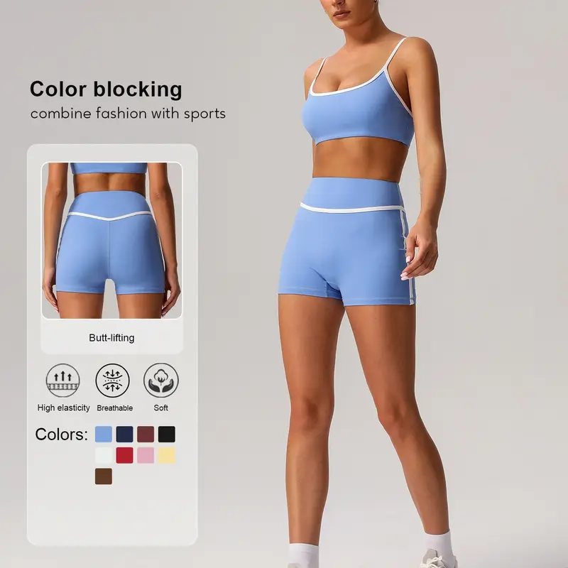 Sodalemon Two-Piece Set Women's Solid Crop Sports Bra & High Waist Skinny Shorts Tracksuit Set, Fitness Outfits, Summer Fitness Outfit, Breathable Sports Outfits for Yoga Gym Workout Running, Ladies Sportswear for All Seasons