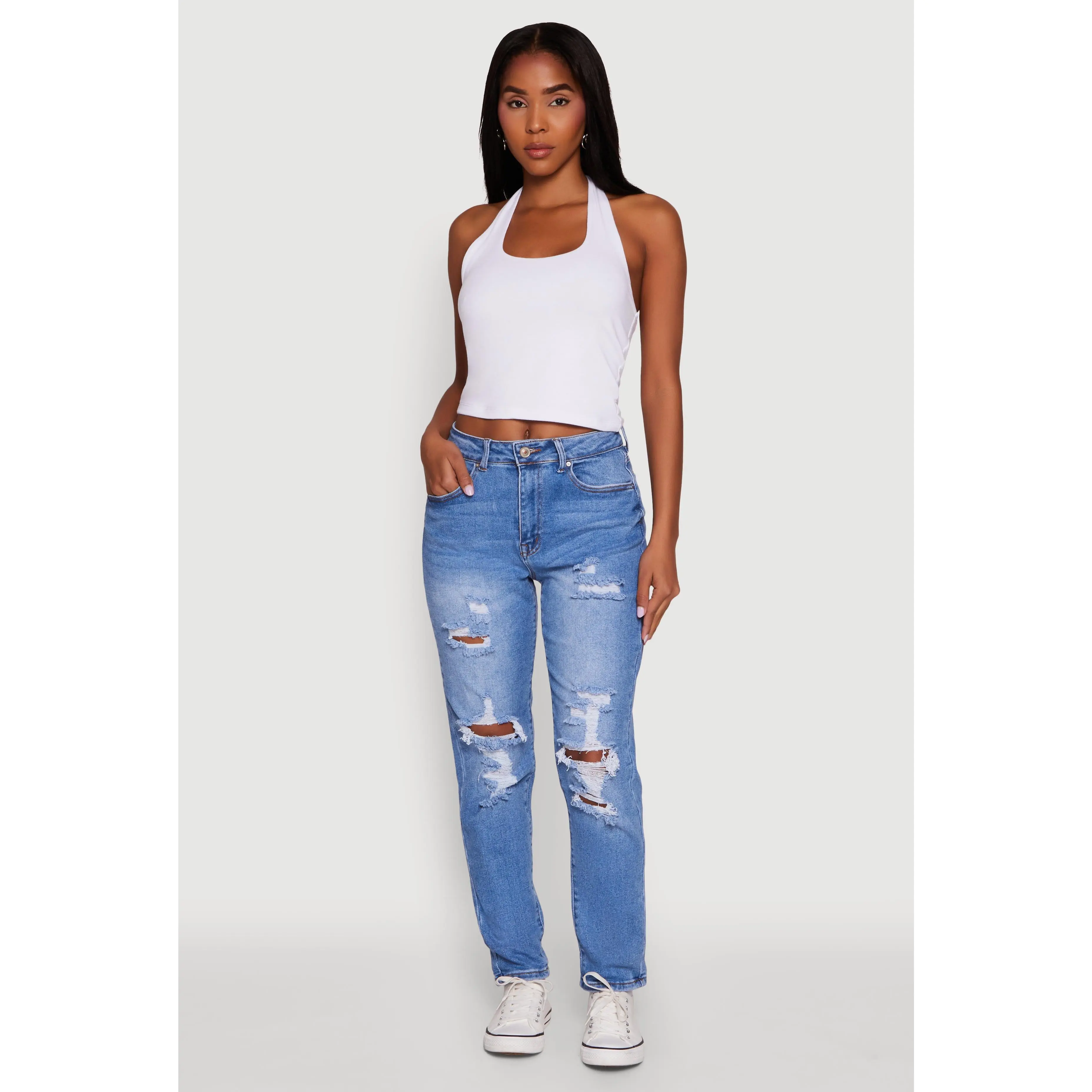 WAX Mid Rise Boyfriend Cut Distressed Jeans