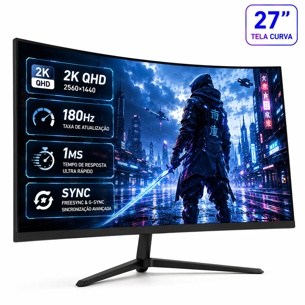 27" Curved 2K QHD Gaming Monitor | 180Hz, 1ms, FreeSync/G-Sync Compatible, Ultra Slim Bezel, Dual HDMI DP