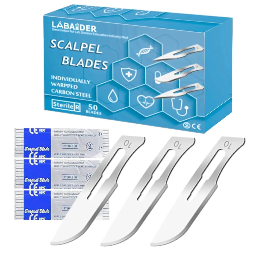 Surgical Grade Blades #10 50pcs Sterile Scalpel Blades Individually Wrapped, with Storage Case, for Biology Anatomy, Practicing Cutting, Medical Student, Sculpting, Repairing (#10, 50)