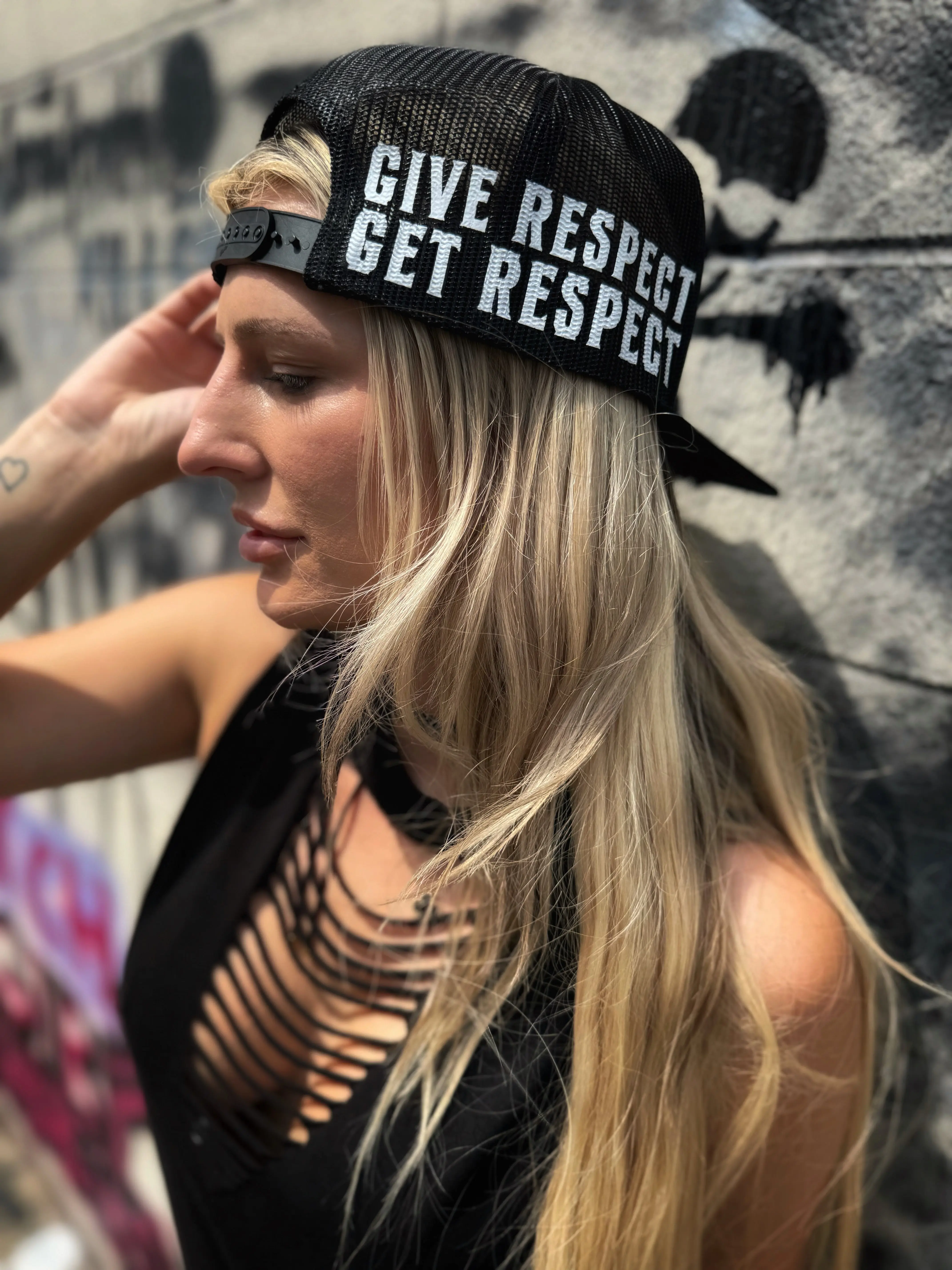 Unisex Black Snapback Mesh Flat-Bill Hat, 1 Size, "Give Respect Get Respect" Graphic Cap