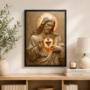 Sacred Heart of Jesus Poster, Gold Relief Christian Wall Art, Catholic Home Decor, Spiritual Gift