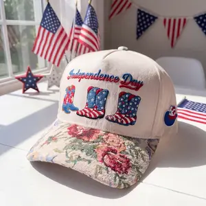 Independence Day Cowboy Boots Floral Embroidered Hat, Patriotic Tapestry Brim Baseball Cap, 4th of July Outfit, Country Western Apparel, American Flag Boots, Summer Fashion, Independence Day Gift, USA Merch, Trendy Aesthetic, TikTok Shop Find