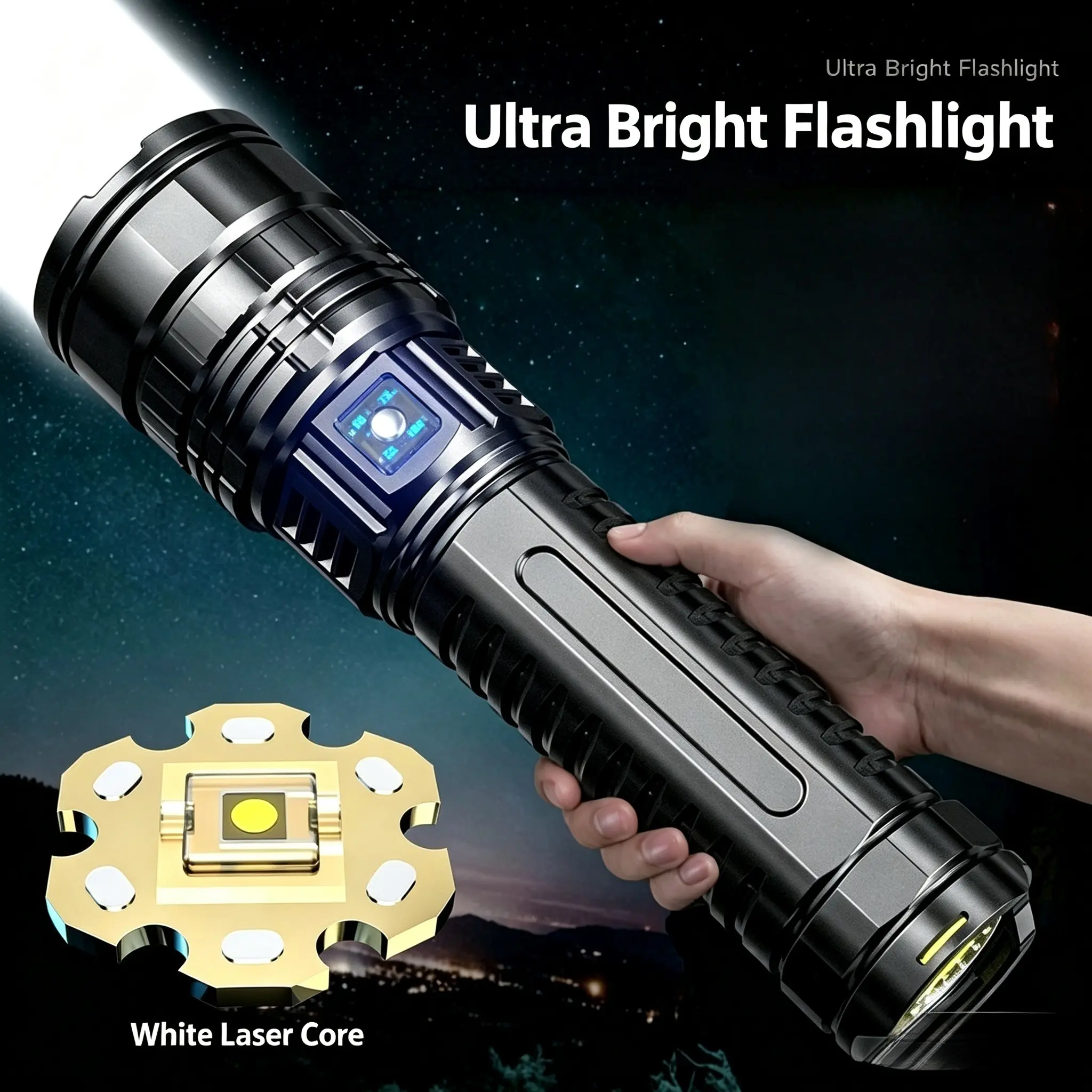 High-Power Super Bright LED Handheld Outdoor Flashlight, Adjustable Zoom, 5 Modes, USB-C Rechargeable with USB Port & Cable, Non-Waterproof Lightweight Aluminum Alloy Body, Lithium Battery, for Camping, Halloween, Usb Cable