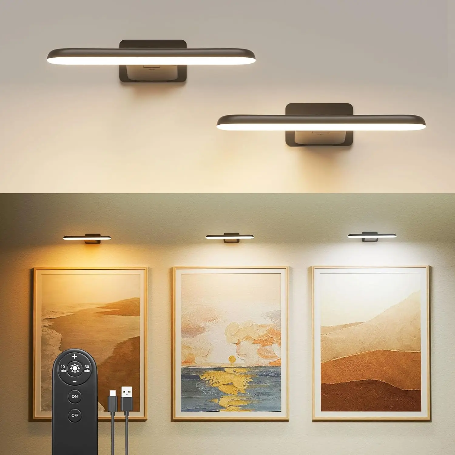 2 Pack Picture Lights for Wall, Operated Wall Sconce Rechargeable,LED Wall Light Cordless with Remote,3 Color Temperature, Art Lights for Painting,Frame,Gallery,Dartboard Lights,Black
