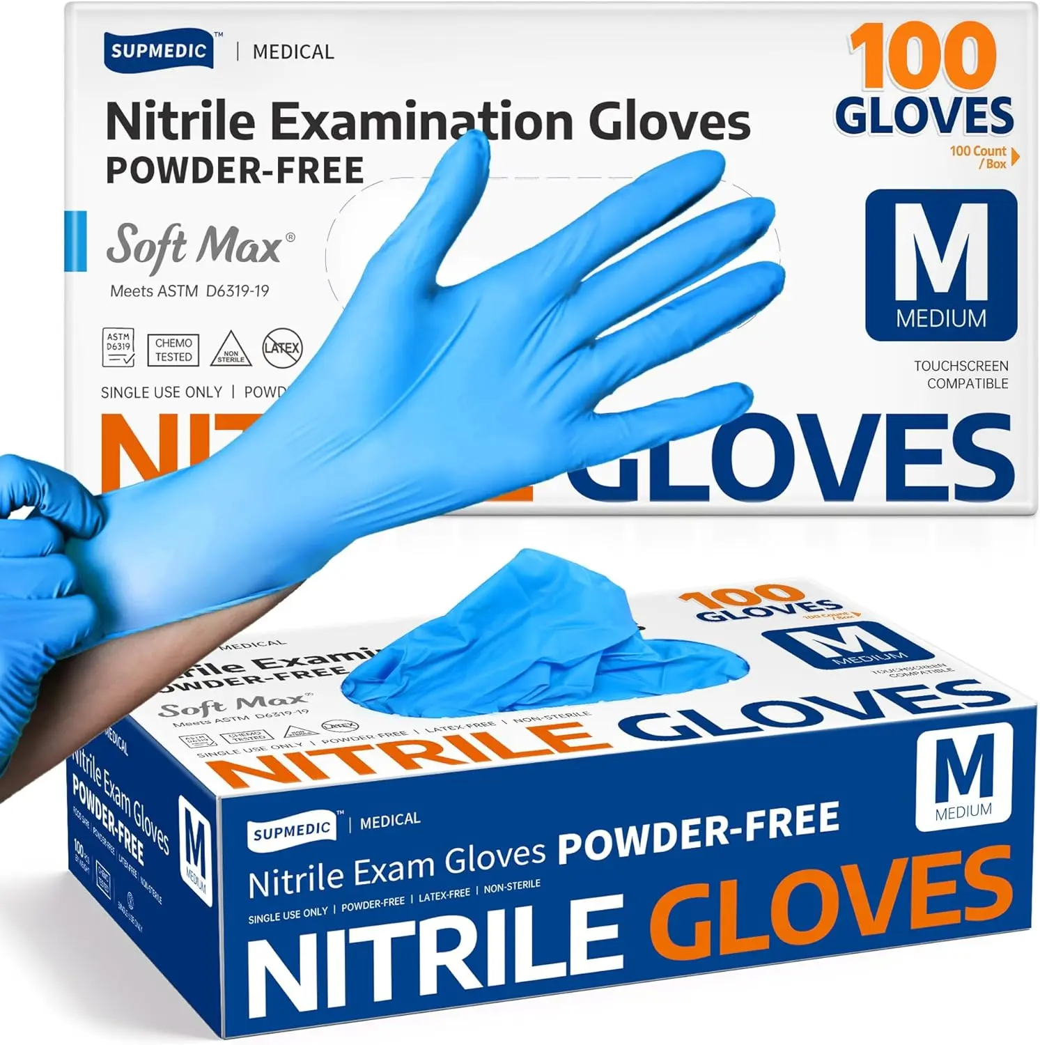 Supmedic Medical Soft Max™ Full Finger Blue Synthetic Nitrile Cleaning Exam Gloves, 100-Count, Latex-Free, Powder-Free, Non-Sterile, Food-Safe, Durable, Multifunctional, Passed Skin-Irritation & Sensitization Testing, Ideal for Medical Users, Home Care
